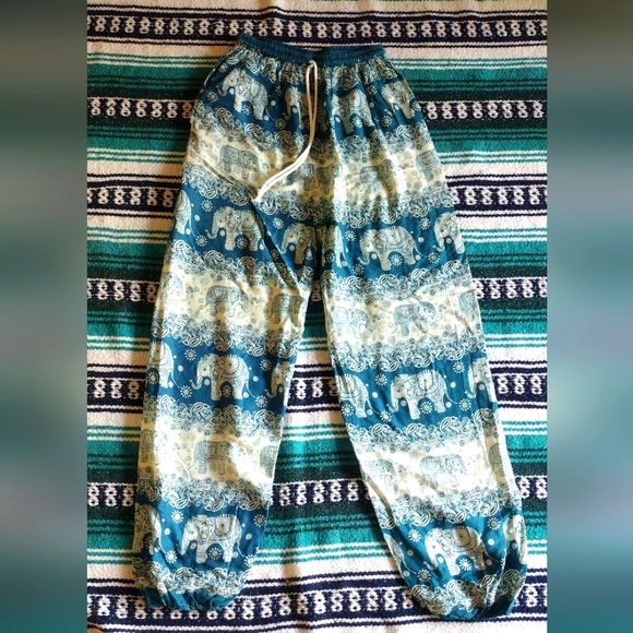Pants - Bohemian Elephant Print Pants - Blue and Cream